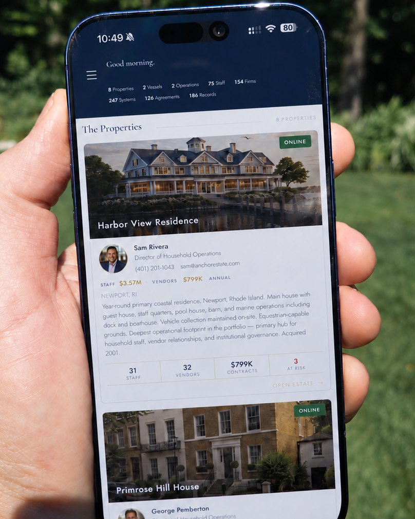 The Anchor House estate record open on a phone while standing on estate grounds.