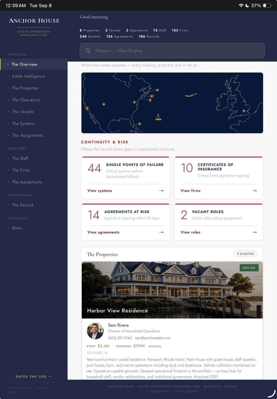 The Anchor House estate overview on iPad – eight properties, two vessels and two operations, held in one record.