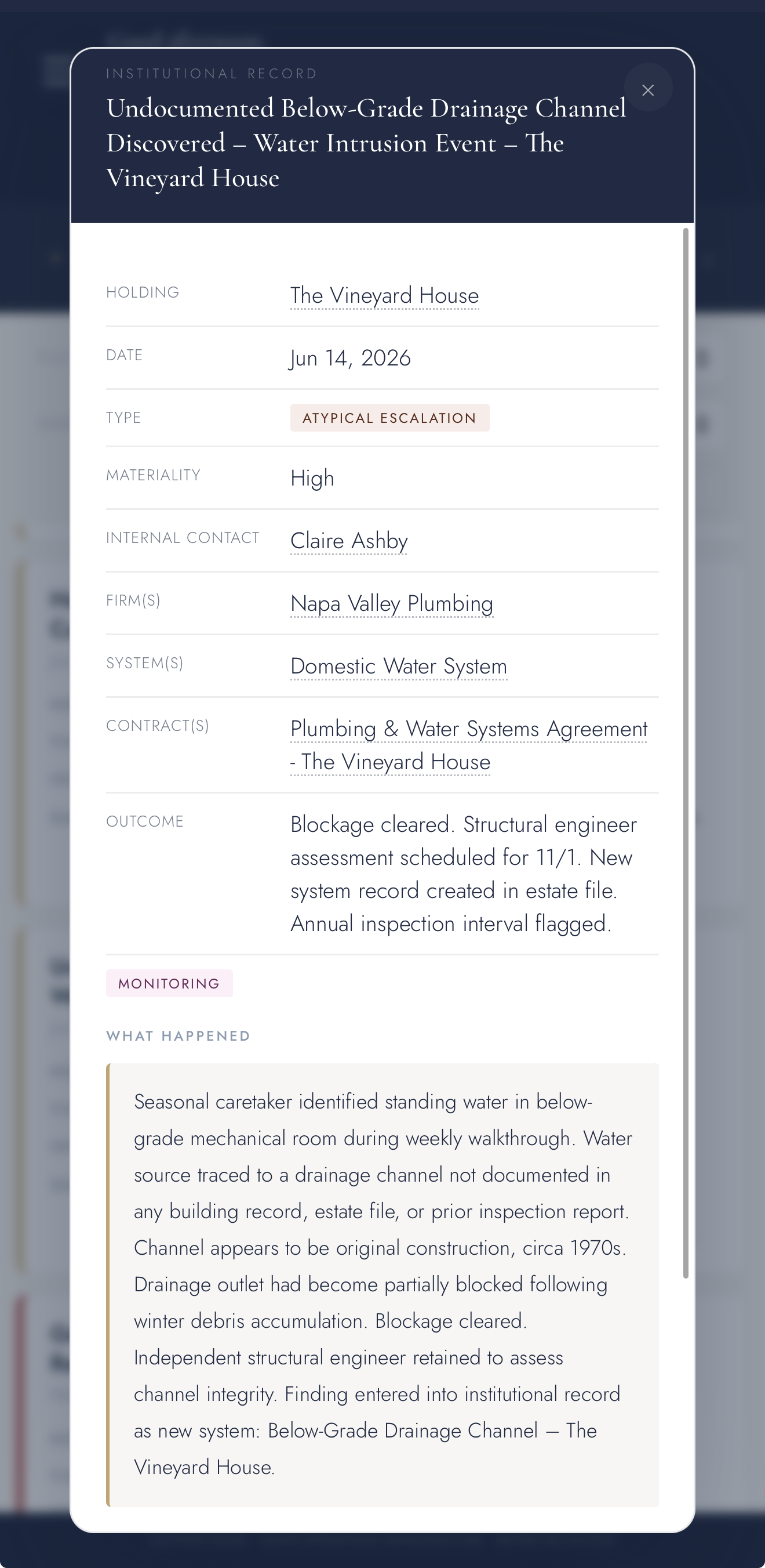 The complete Institutional Record for the undocumented below-grade drainage channel at The Vineyard House, including its holding, date, type, materiality, contact, firm, system, outcome, agreement, status and event narrative.
